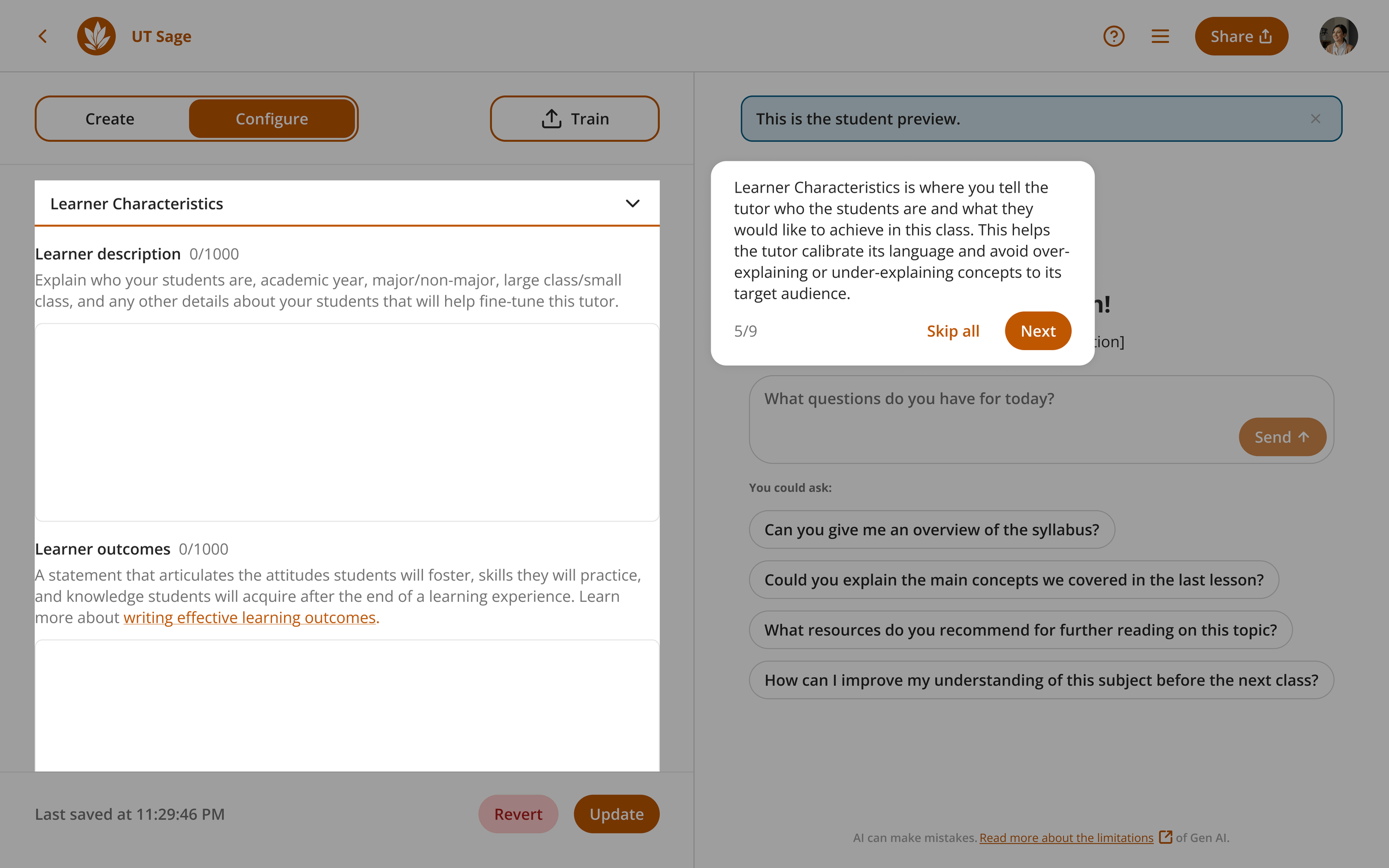 Tutorial tooltip on learner characteristics in Configure tab