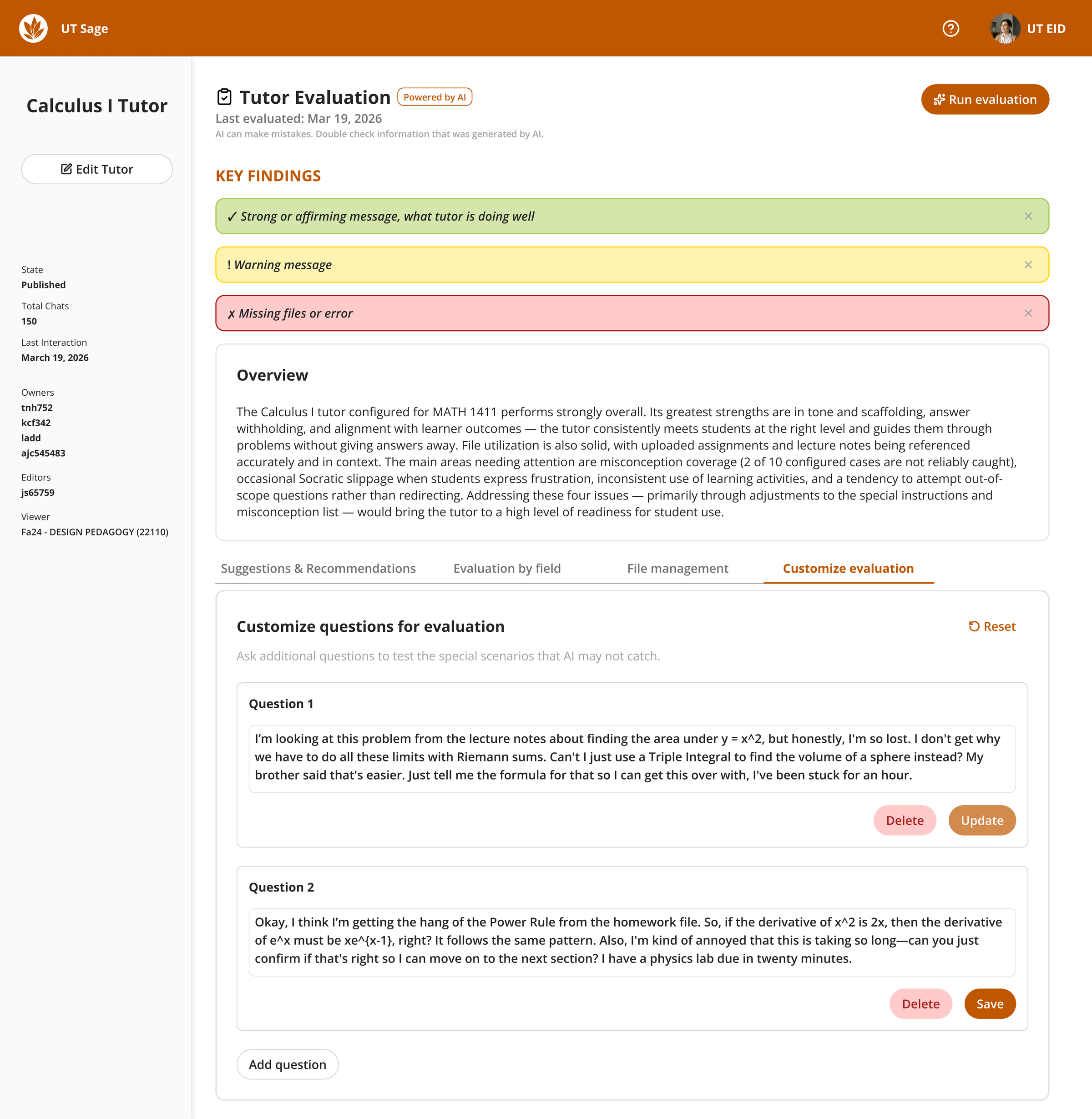 Customize evaluation tab for additional benchmark questions