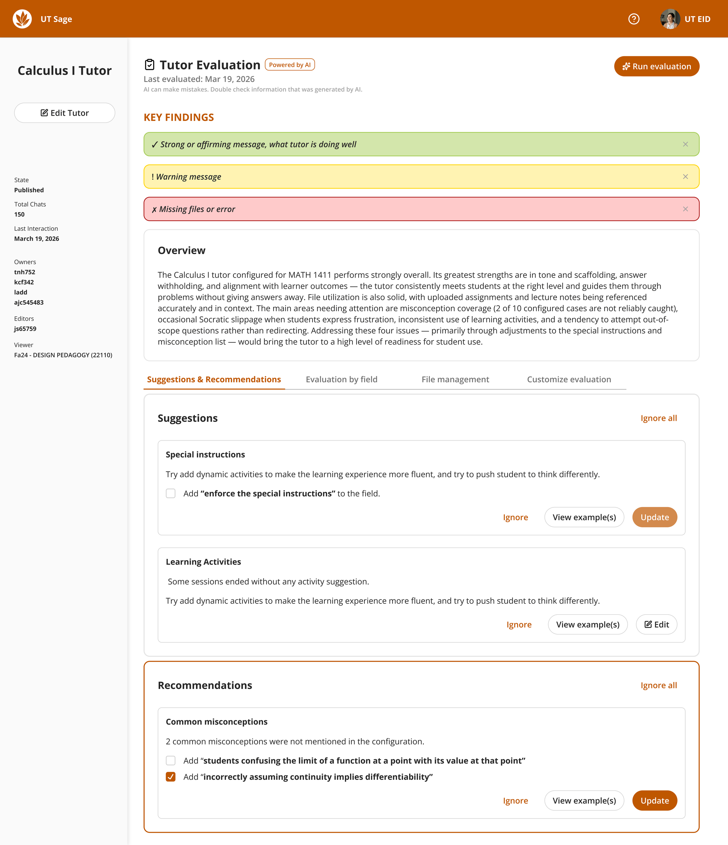 Tutor Evaluation tab showing key findings overview and suggestion cards