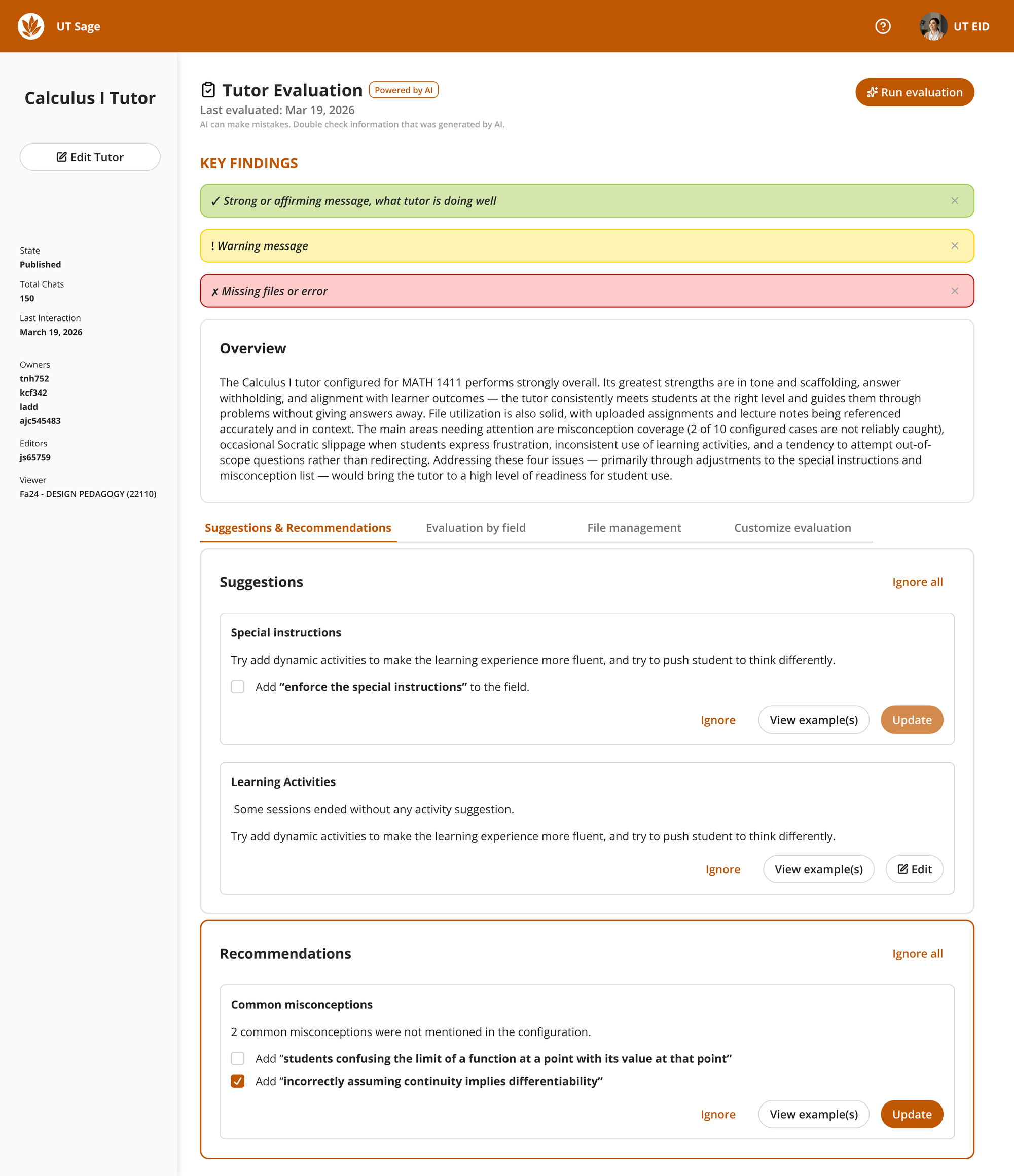 Tutor evaluation dashboard — key findings, overview, and Suggestions & Recommendations