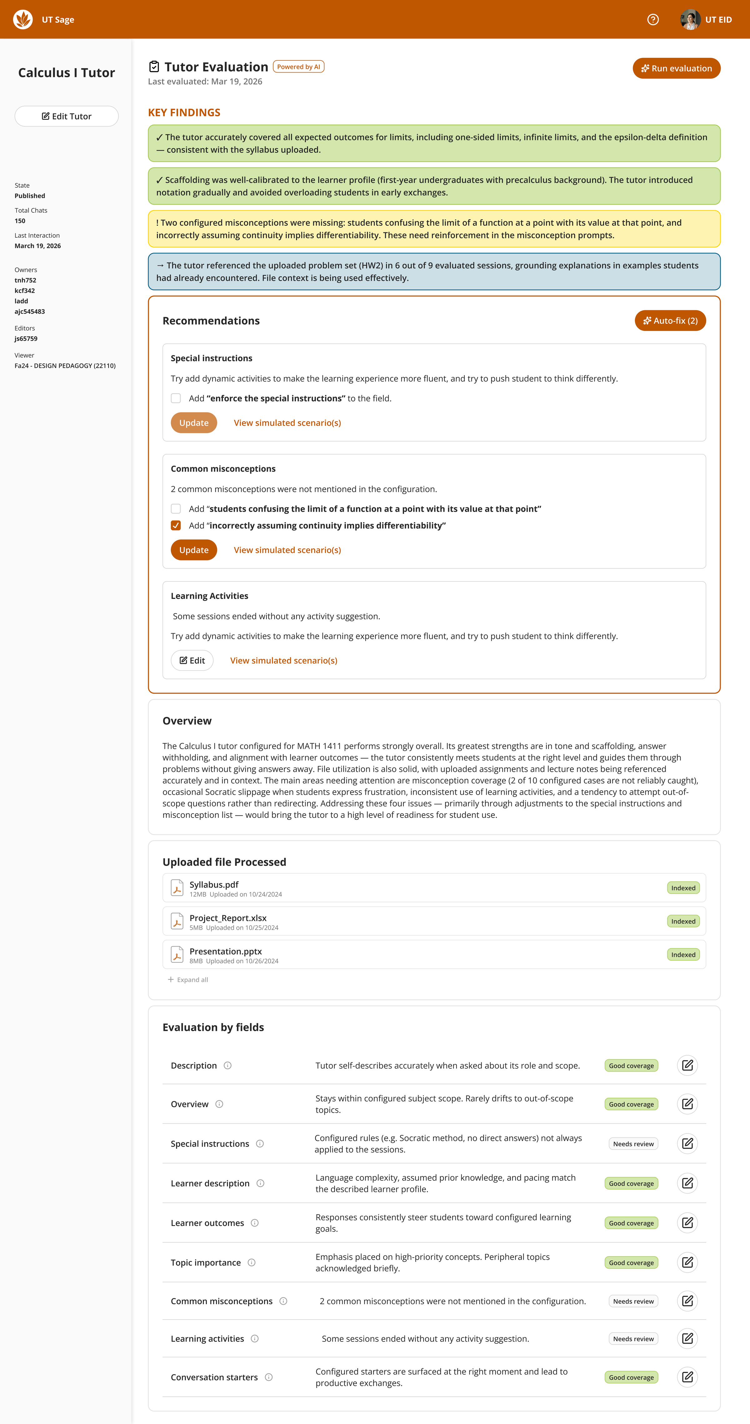 Full tutor evaluation concept showing key findings and overview