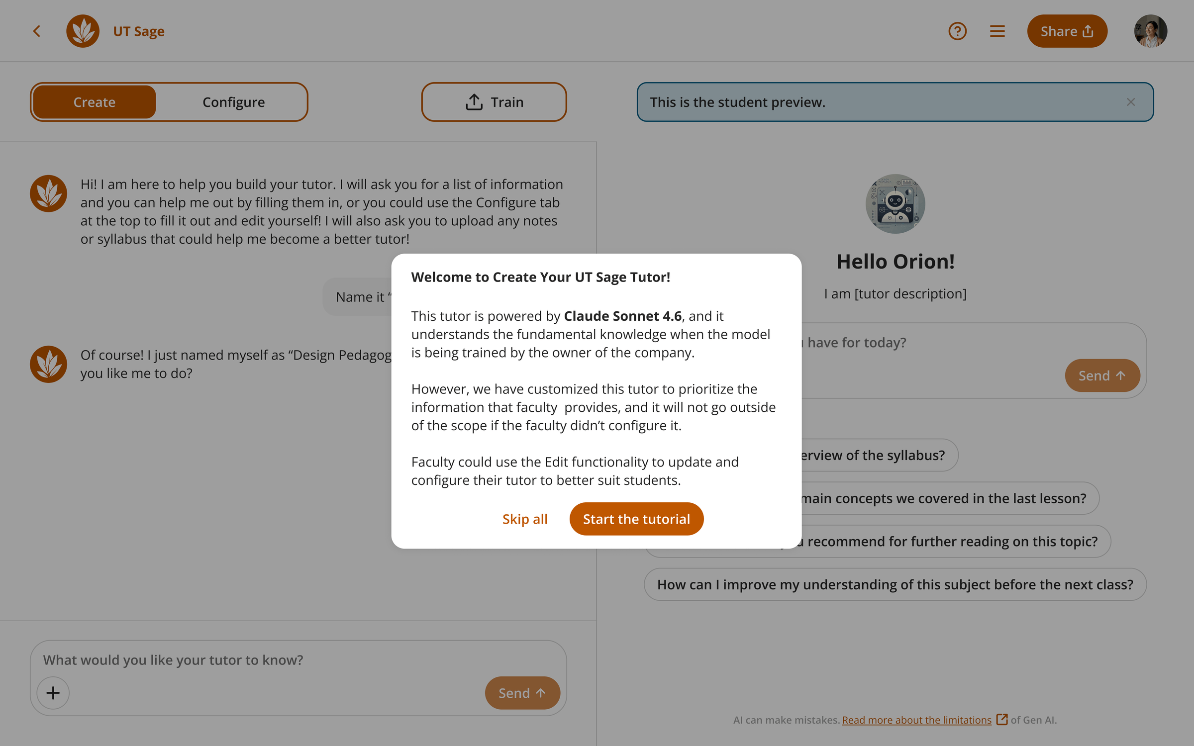 Welcome to Create Your UT Sage Tutor modal