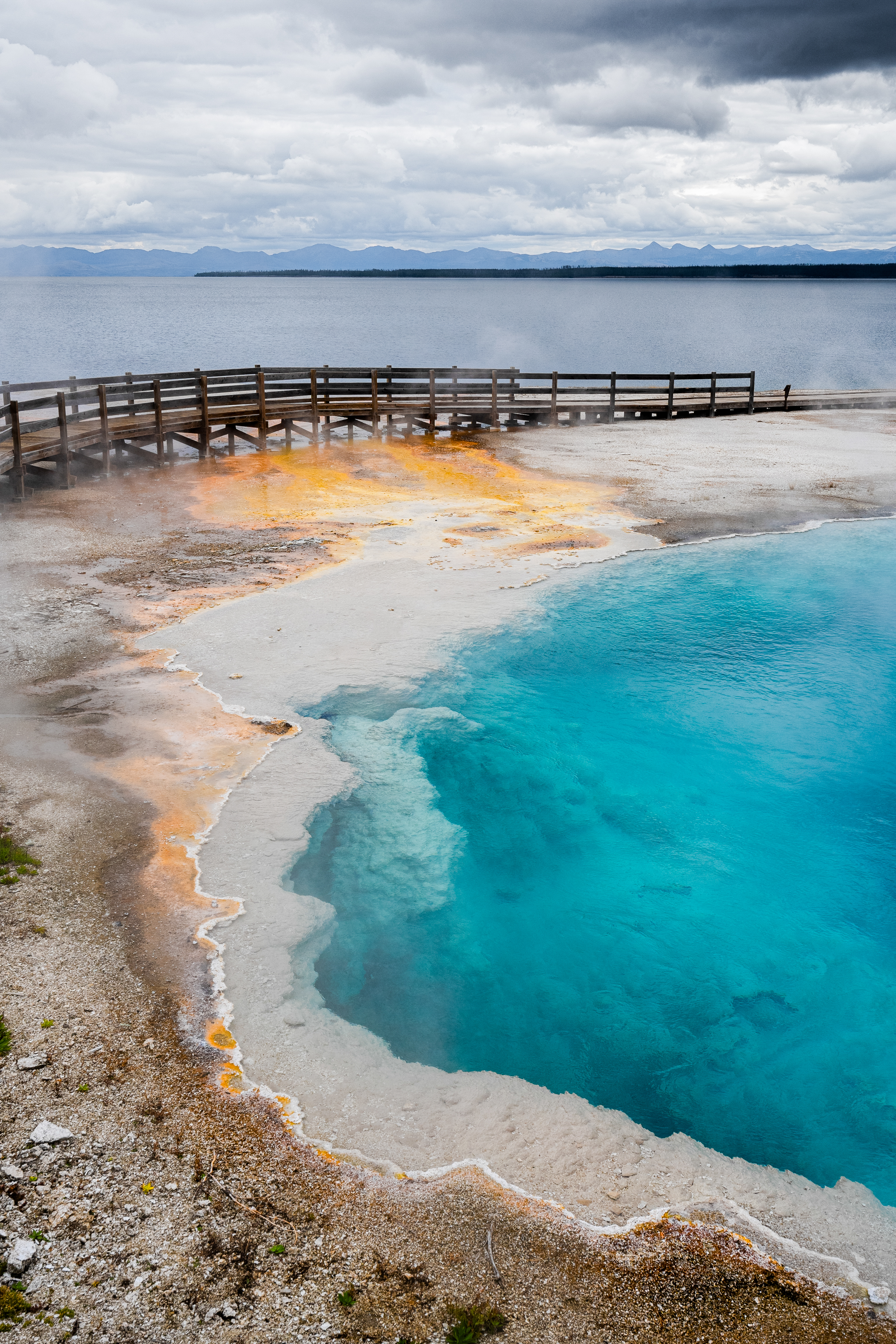 A vivid turquoise hot spring beside Yellowstone Lake