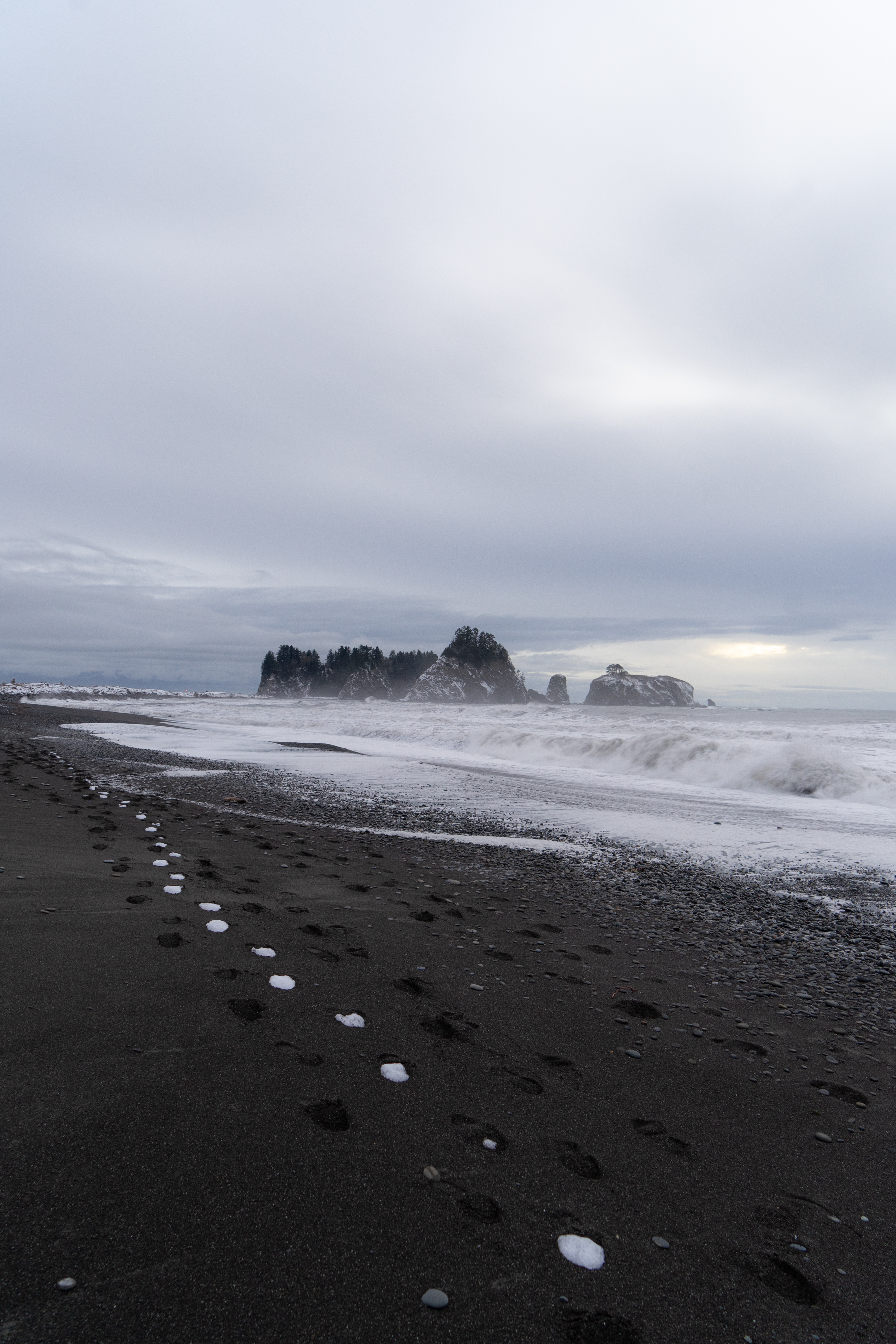 Sea stacks and waves along a misty black-sand beach